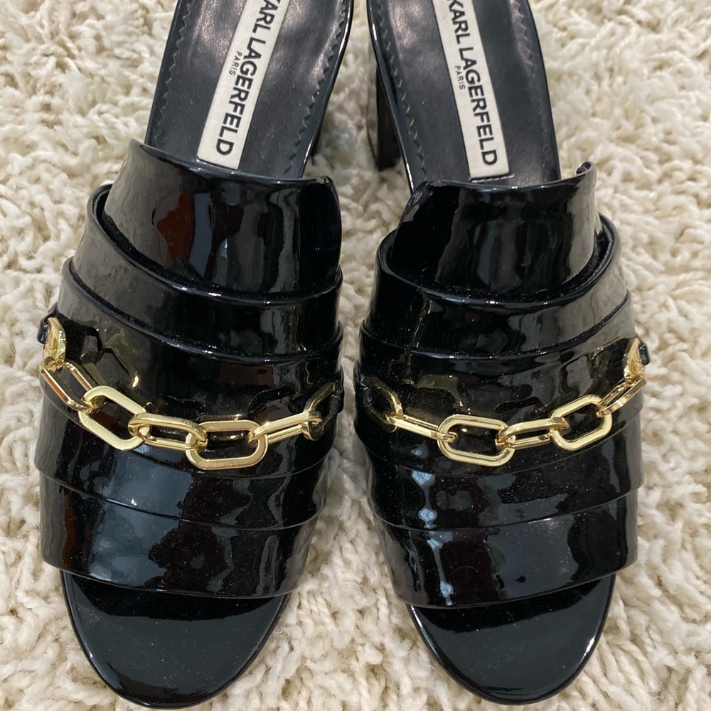 COPY - Karl Lagerfeld Black Patent Mules Slides with Block heel